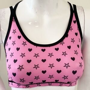 Too Fast Pink & Black Heart & Pentagram Star Print Sports Bra Cropped Tank Top